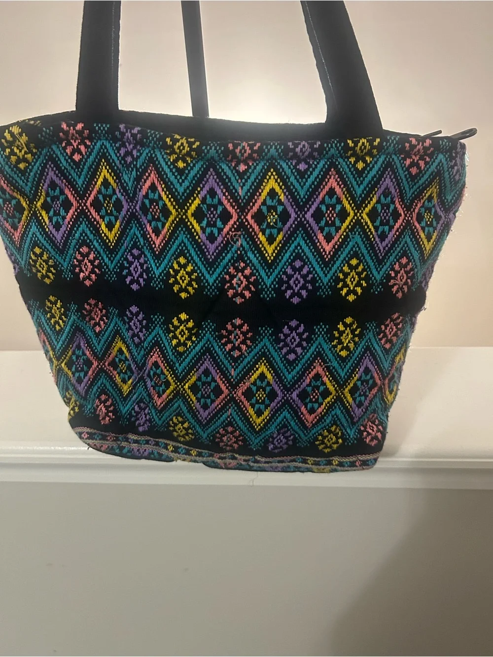 Boho Diamond-Embroidered hobo-style Bag - Black with Teal, Pink & Yellow Accents